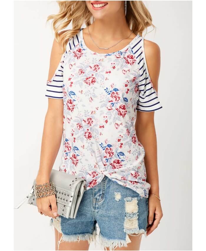 Printed Cold Shoulder Round Neck T Shirt